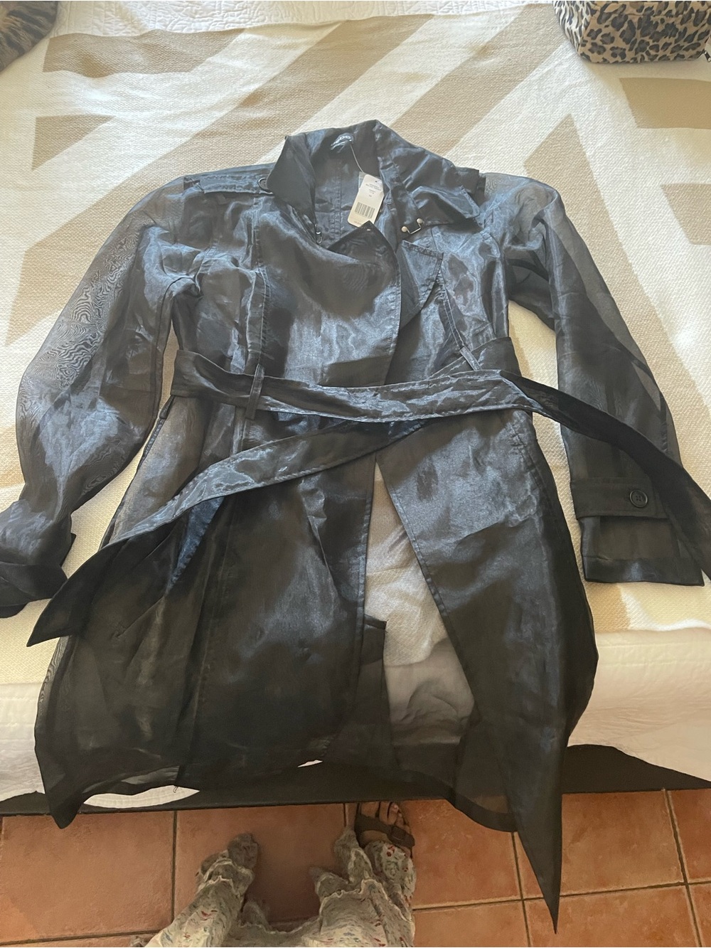 Bebe Women’s Sheer Black Trench Coat with Belt